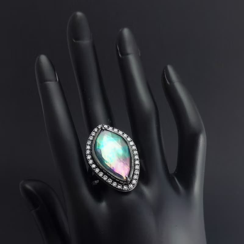 奧羅拉之願 | 珍珠母貝白水晶雙層石925純銀戒指