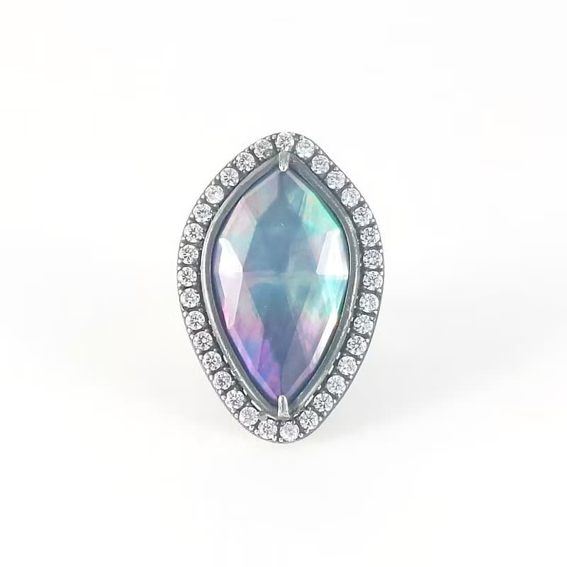 奧羅拉之願 | 珍珠母貝白水晶雙層石925純銀戒指