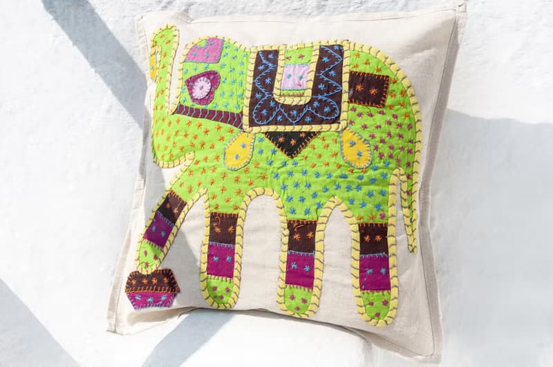 手工刺繡抱枕套 波希米亞抱枕套 民族風抱枕套-熱帶雨林彩色大象