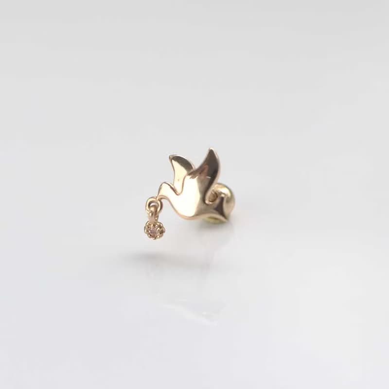 14K 金和平鴿鎖珠耳環(單個)耳骨 耳窩 不退色