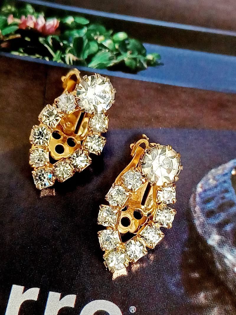 vintage jewelry  典雅金色環圈萊茵 夾式耳環
