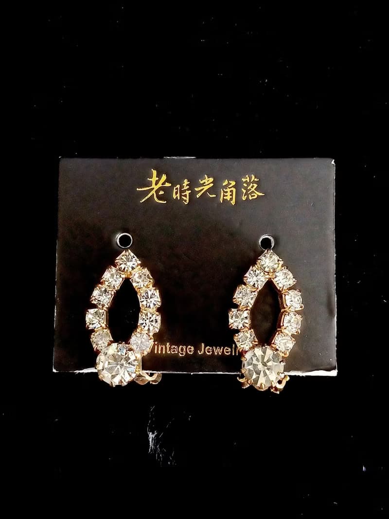 vintage jewelry  典雅金色環圈萊茵 夾式耳環