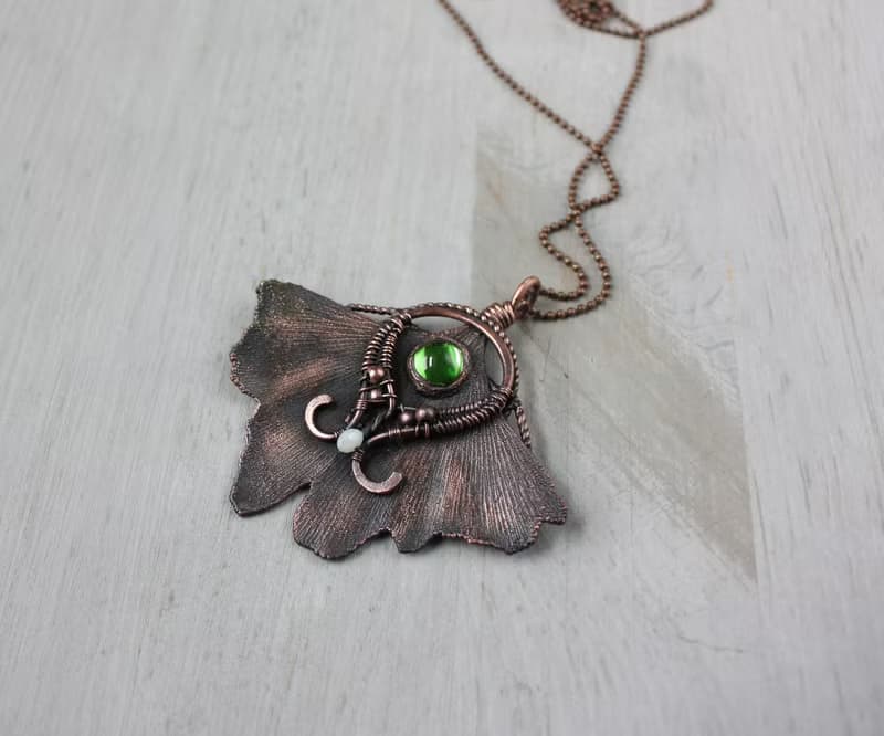 Real Ginkgo leaf copper necklace, nature lover gift idea, green necklace