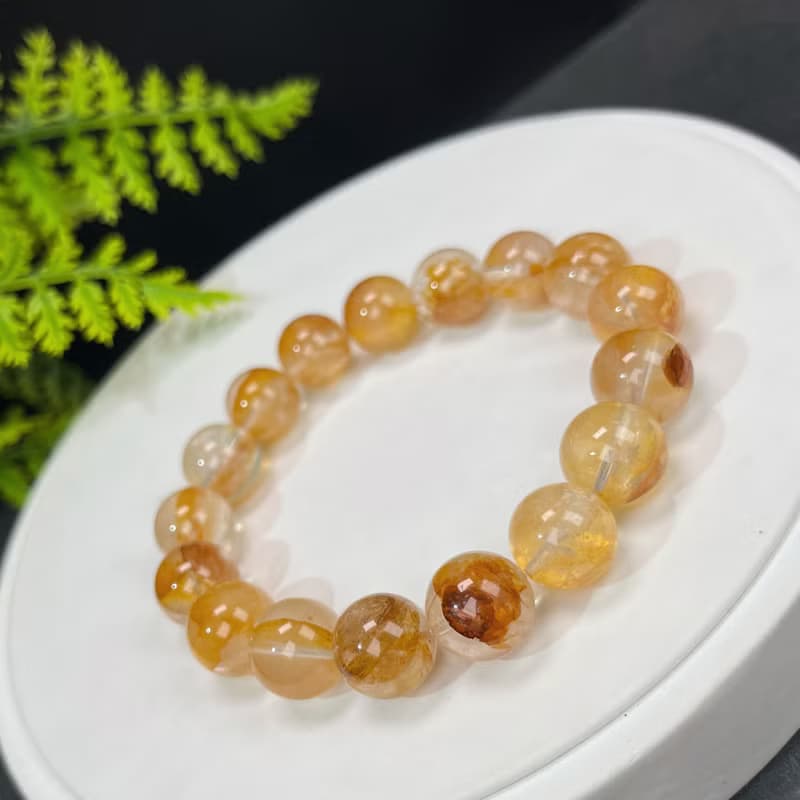 精品天然黃膠花水晶手串12.5mm冰透黃色幽靈水晶手錬富足吉祥財運