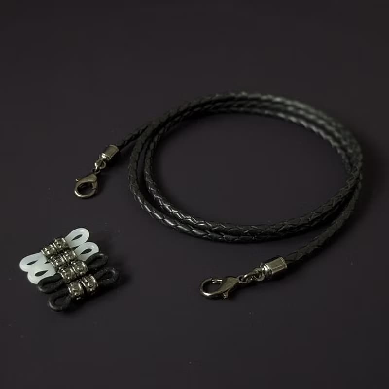 3mm 黑色編織皮繩 黑鈦銀扣件 眼鏡鍊 口罩鍊 耳機防丟鏈