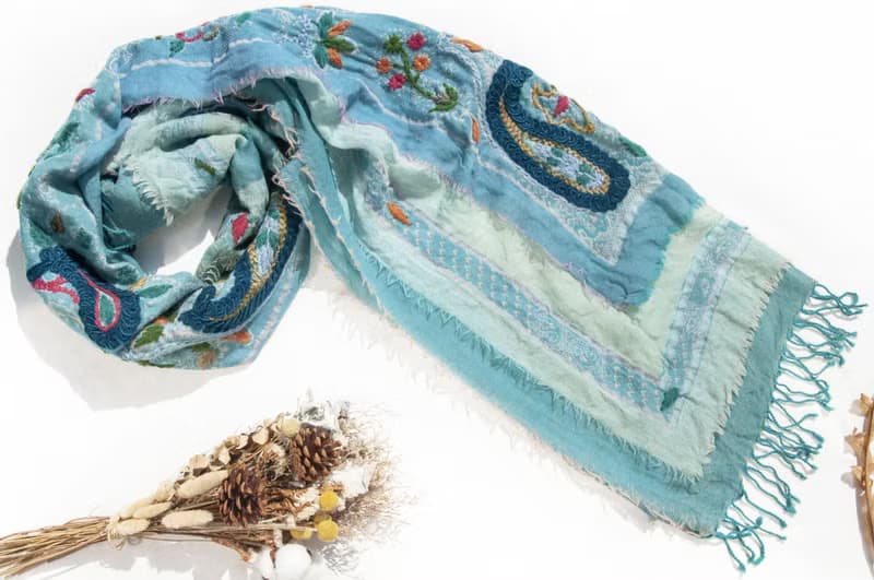 微暇喀什米爾Cashmere/水煮羊毛披肩/針織圍巾/刺繡圍巾/羊絨-花