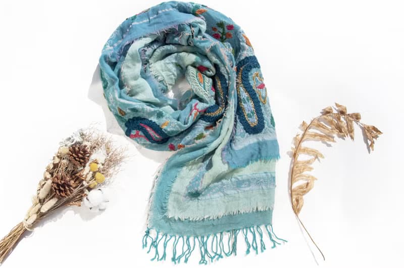 微暇喀什米爾Cashmere/水煮羊毛披肩/針織圍巾/刺繡圍巾/羊絨-花