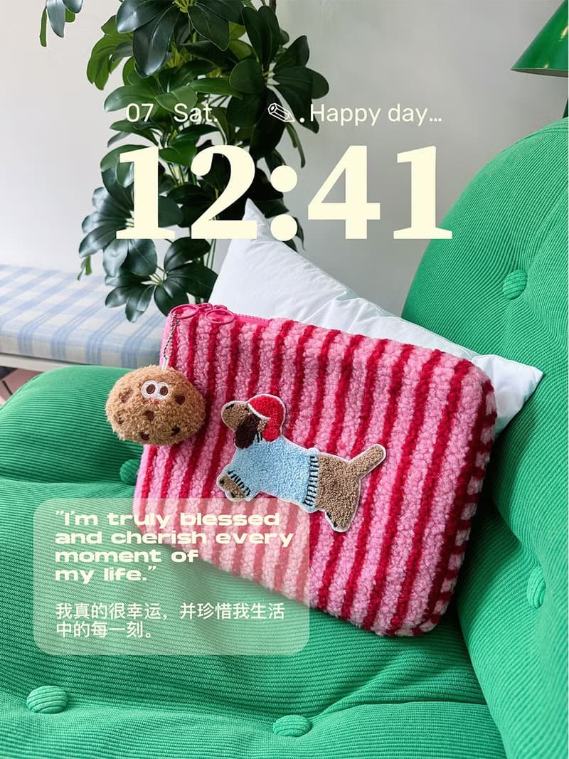 條紋小狗羊羔毛筆記本ipad收納包