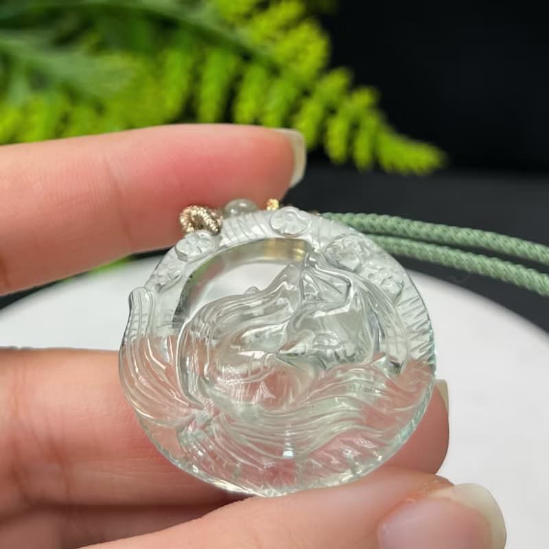 高品質 綠水晶吊墜項錬 冰透凈體 雙面立體手雕鏤空九尾睡狐梅花