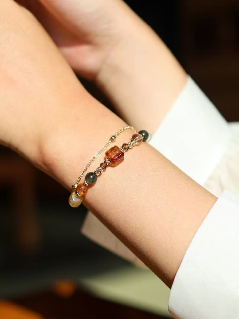 森林燦燦。黃水晶方糖 綠髮晶 茶晶 14K包金 水晶礦石設計手鍊