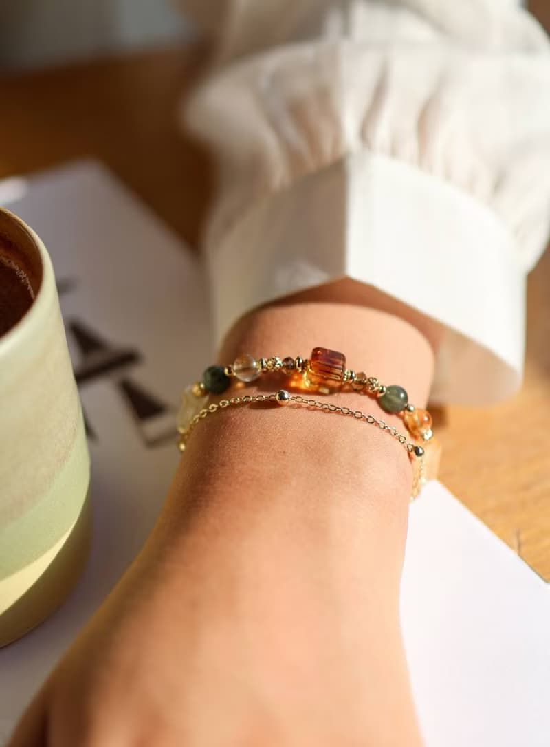 森林燦燦。黃水晶方糖 綠髮晶 茶晶 14K包金 水晶礦石設計手鍊
