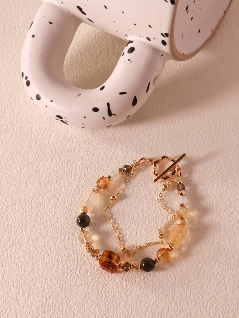 森林燦燦。黃水晶方糖 綠髮晶 茶晶 14K包金 水晶礦石設計手鍊