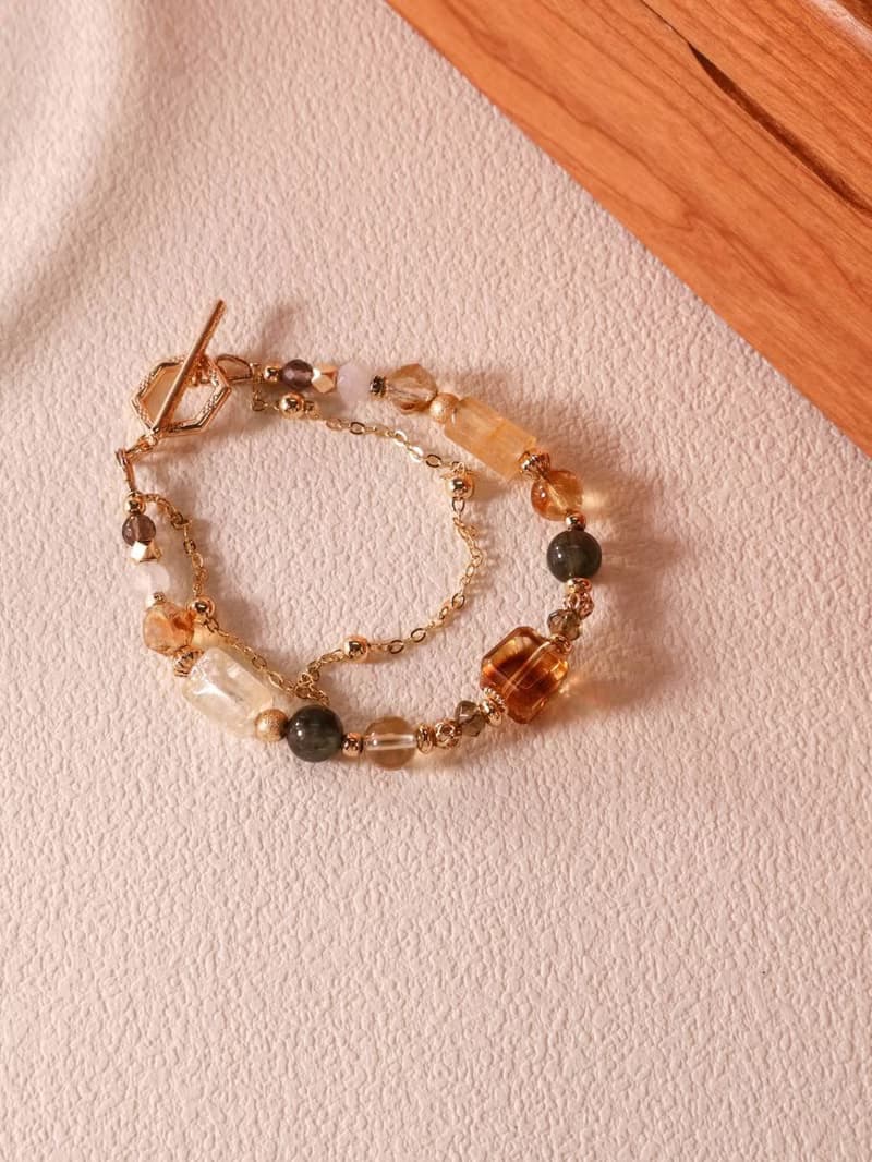 森林燦燦。黃水晶方糖 綠髮晶 茶晶 14K包金 水晶礦石設計手鍊