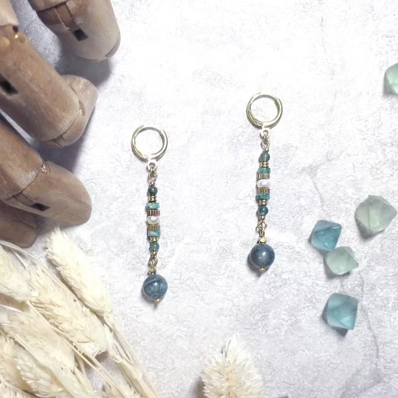 VIIART。粼粼。珍珠天河石水草瑪瑙黃銅耳環-可改夾式