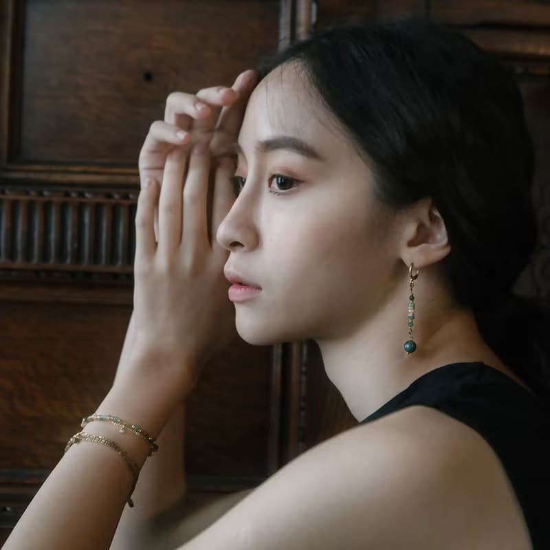 VIIART。粼粼。珍珠天河石水草瑪瑙黃銅耳環-可改夾式