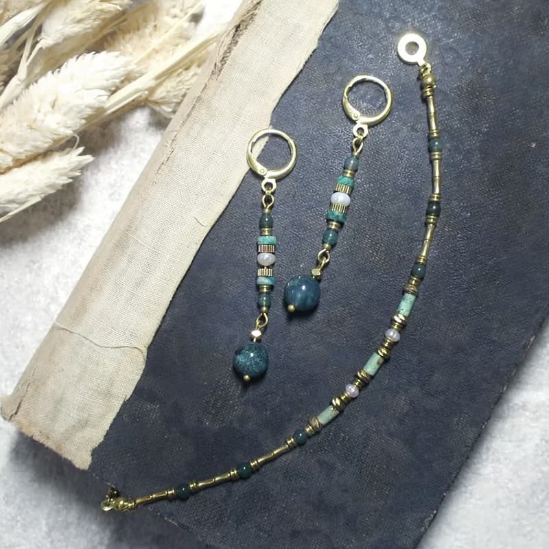 VIIART。粼粼。珍珠天河石水草瑪瑙黃銅耳環-可改夾式