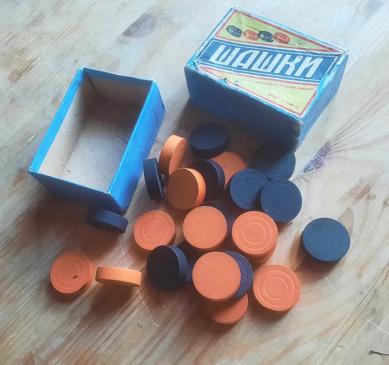 Old Soviet checkers prize gift 1957 – orange black wooden draughts vintage
