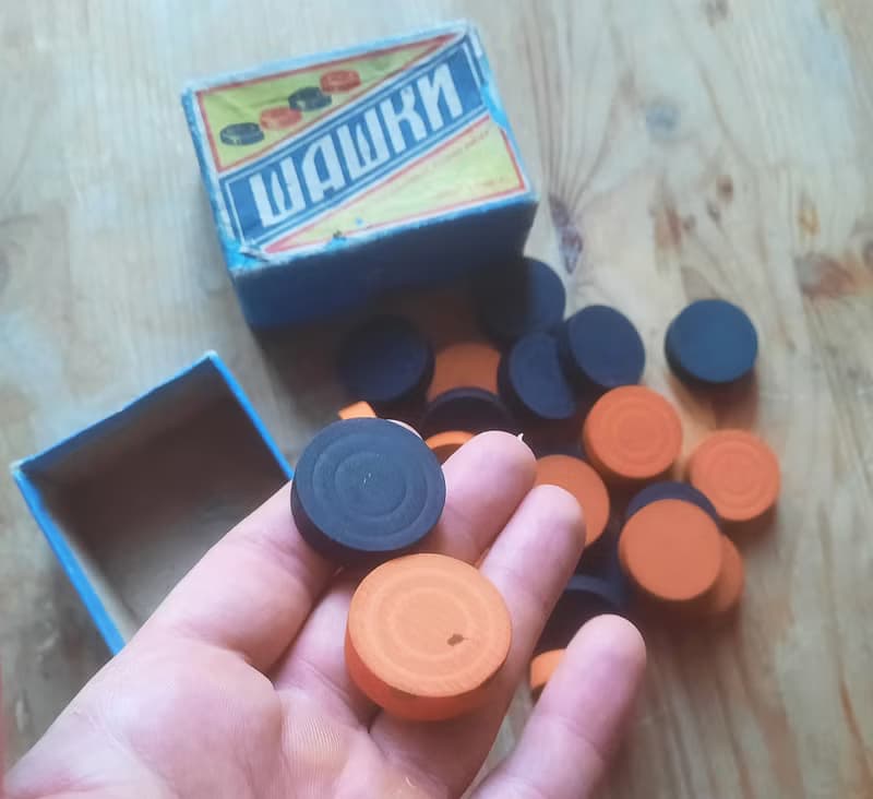 Old Soviet checkers prize gift 1957 – orange black wooden draughts vintage