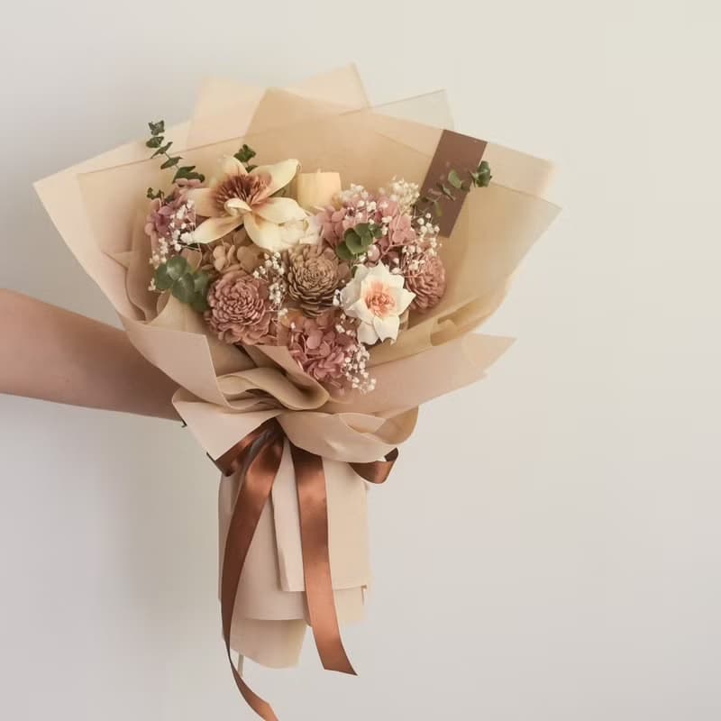 /奶茶花園花束/情人節 永生花 滿天星 畢業季 七夕 情人節 玫瑰