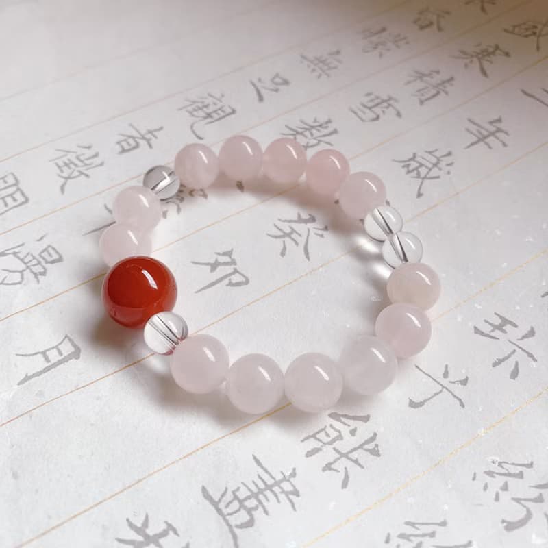 綻花顏。天然紅瑪瑙+粉水晶+白水晶手鏈 桃花緣人緣 送禮物能量石