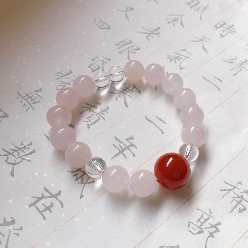 綻花顏。天然紅瑪瑙+粉水晶+白水晶手鏈 桃花緣人緣 送禮物能量石