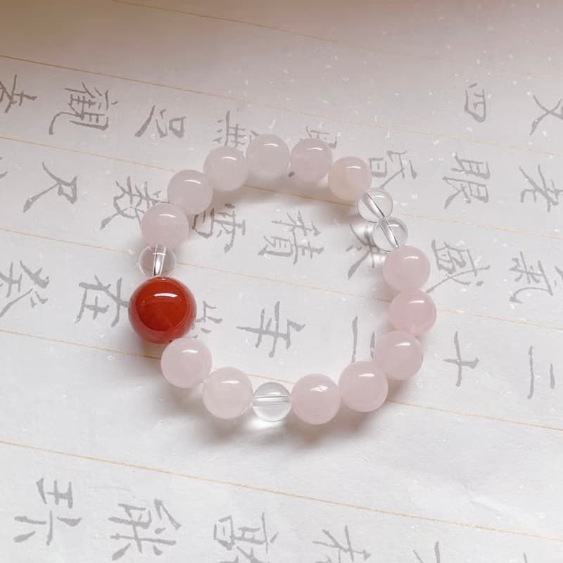 綻花顏。天然紅瑪瑙+粉水晶+白水晶手鏈 桃花緣人緣 送禮物能量石
