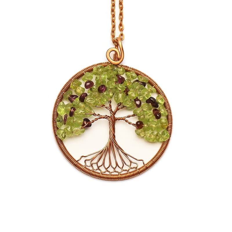 Peridot Garnet Pendant Good Luck Tree Necklace Semi-Precious Stone Jewelry