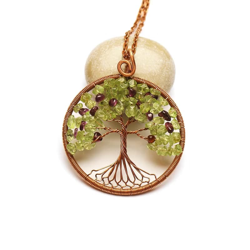 Peridot Garnet Pendant Good Luck Tree Necklace Semi-Precious Stone Jewelry