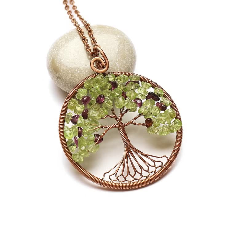 Peridot Garnet Pendant Good Luck Tree Necklace Semi-Precious Stone Jewelry