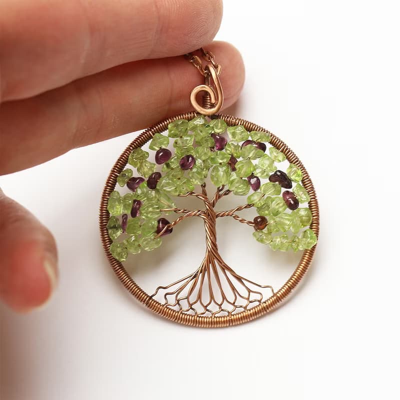 Peridot Garnet Pendant Good Luck Tree Necklace Semi-Precious Stone Jewelry
