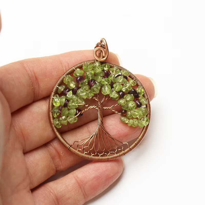 Peridot Garnet Pendant Good Luck Tree Necklace Semi-Precious Stone Jewelry
