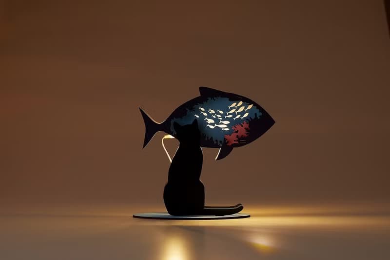 SETO CRAFT 3D 木製 DIY 貓形氛圍小夜燈 - 貓與魚
