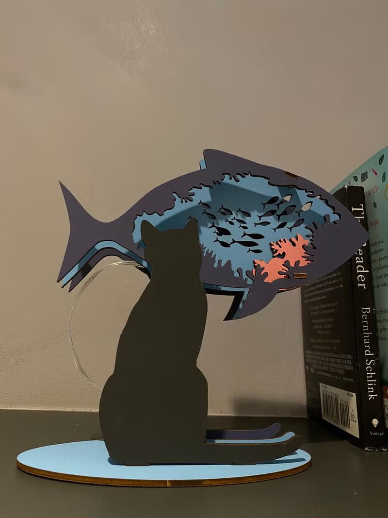 SETO CRAFT 3D 木製 DIY 貓形氛圍小夜燈 - 貓與魚