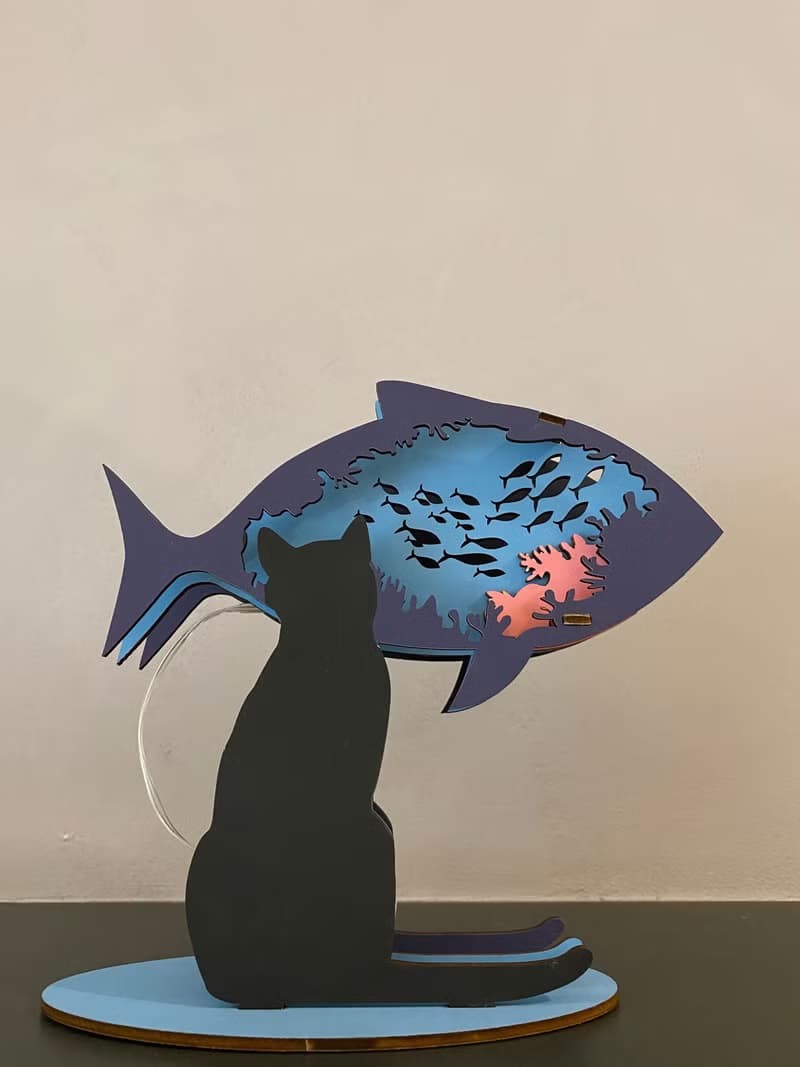 SETO CRAFT 3D 木製 DIY 貓形氛圍小夜燈 - 貓與魚