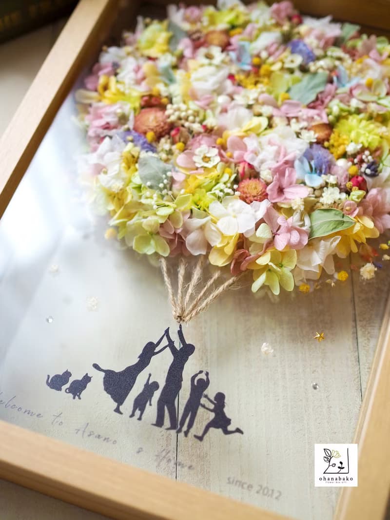 【ご家族のお名前入り_新築祝い/結婚祝い/マイホームの玄関】幸せのバルーン_プリザーブドフラワーとドライフラワーのガラスフレーム ファミリーウェルカムボードL