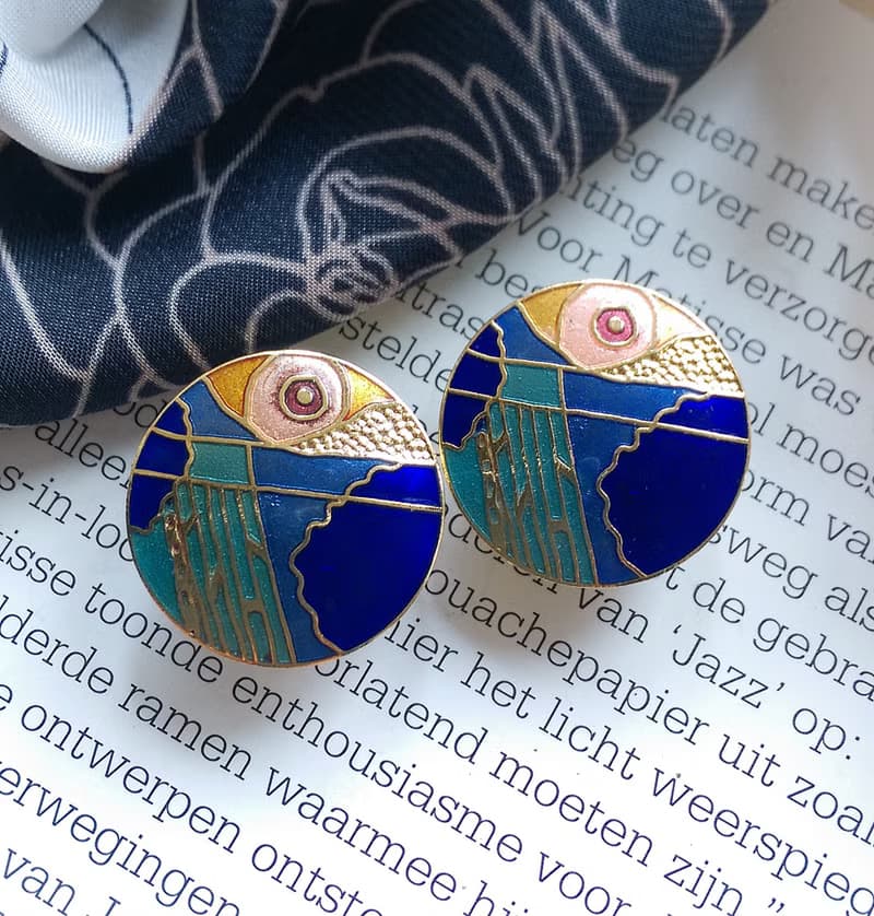 Vintage Jewelry 西洋古董飾品 景泰藍 藍色調 浮生意象 夾式耳環