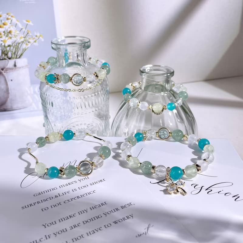 挪威森林—湖泊 托帕石|天河石|葡萄石|綠草莓晶|水晶手鍊A24-2