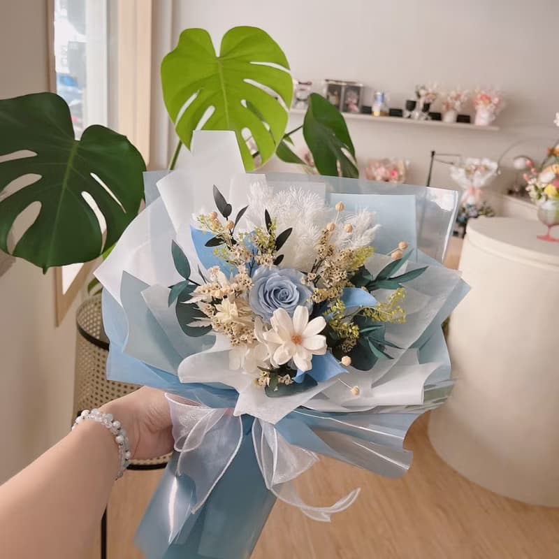 甜甜日子永生花束 / 藍白色系