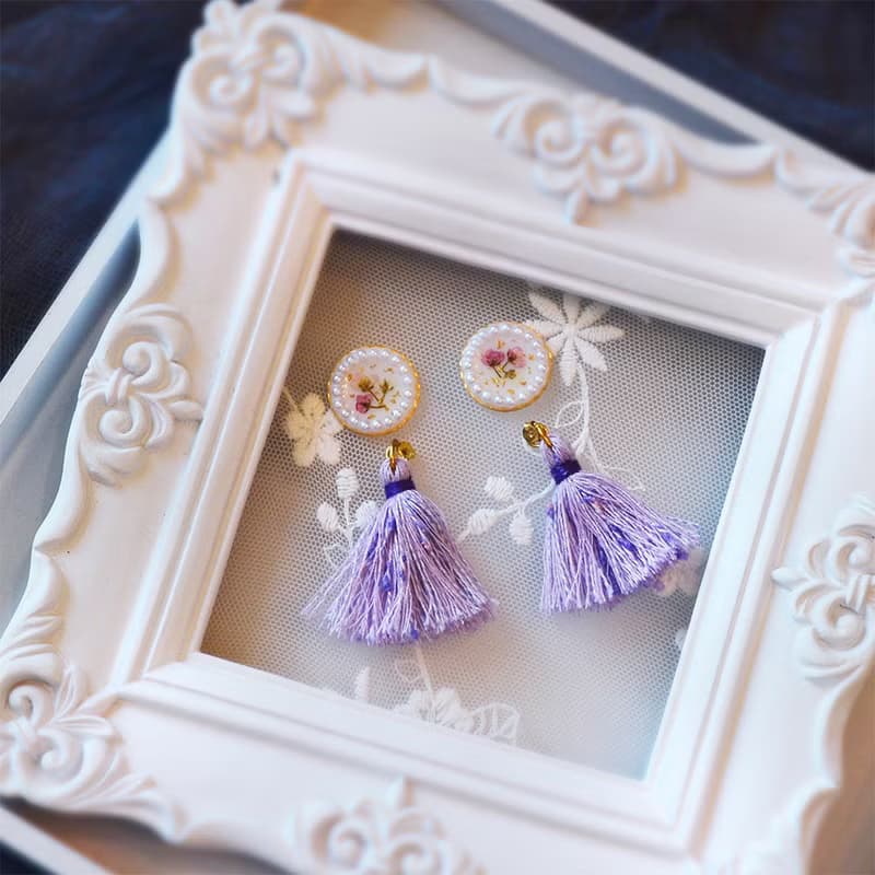 【茜作】乾燥花手工定制耳環吊墜耳夾耳針【芋泥波波】可兩戴