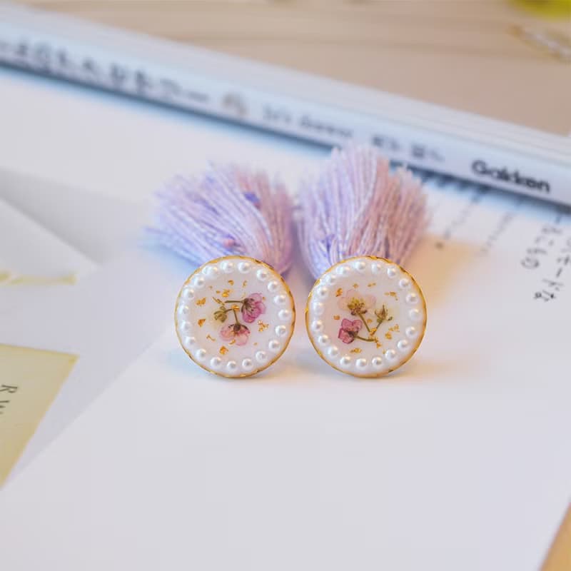 【茜作】乾燥花手工定制耳環吊墜耳夾耳針【芋泥波波】可兩戴