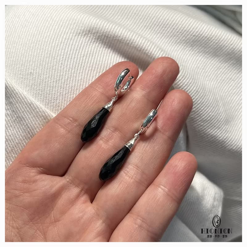 好用~系列原創設計小眾黑色水滴銀色耳扣男女百搭耳夾簡約氣質