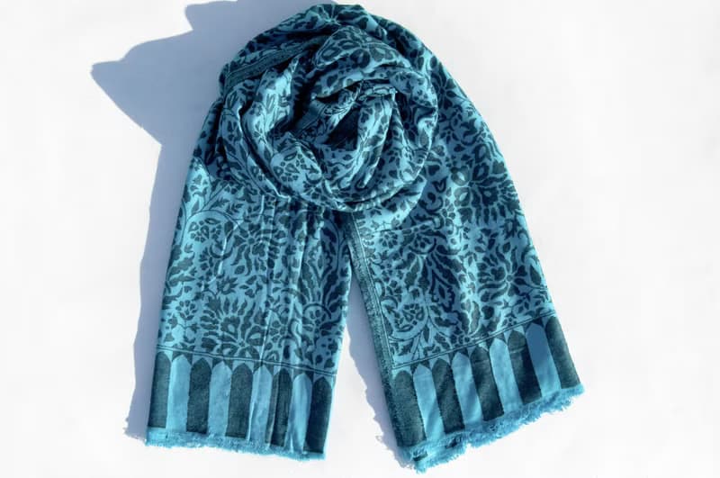 喀什米爾Cashmere/羊絨圍巾/純羊毛圍巾披巾/戒指絨披肩-藍色花朵