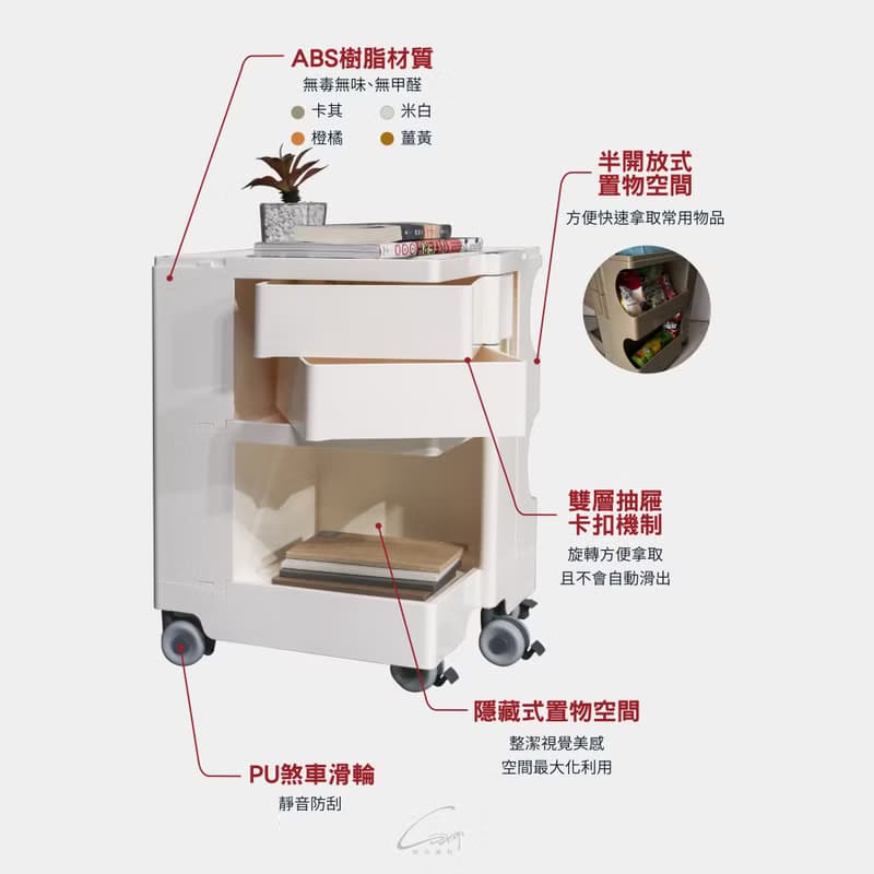 24H雙層多功能旋轉置物櫃/床頭櫃/收納/推車-4色