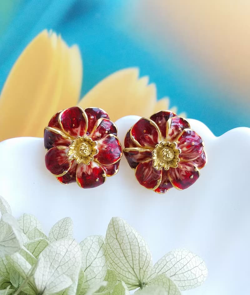 Vintage Jewelry 西洋古董飾品 紅琺瑯 花形 針式耳環