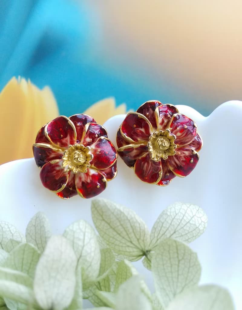 Vintage Jewelry 西洋古董飾品 紅琺瑯 花形 針式耳環