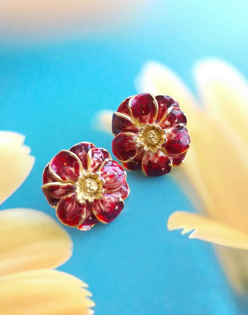 Vintage Jewelry 西洋古董飾品 紅琺瑯 花形 針式耳環