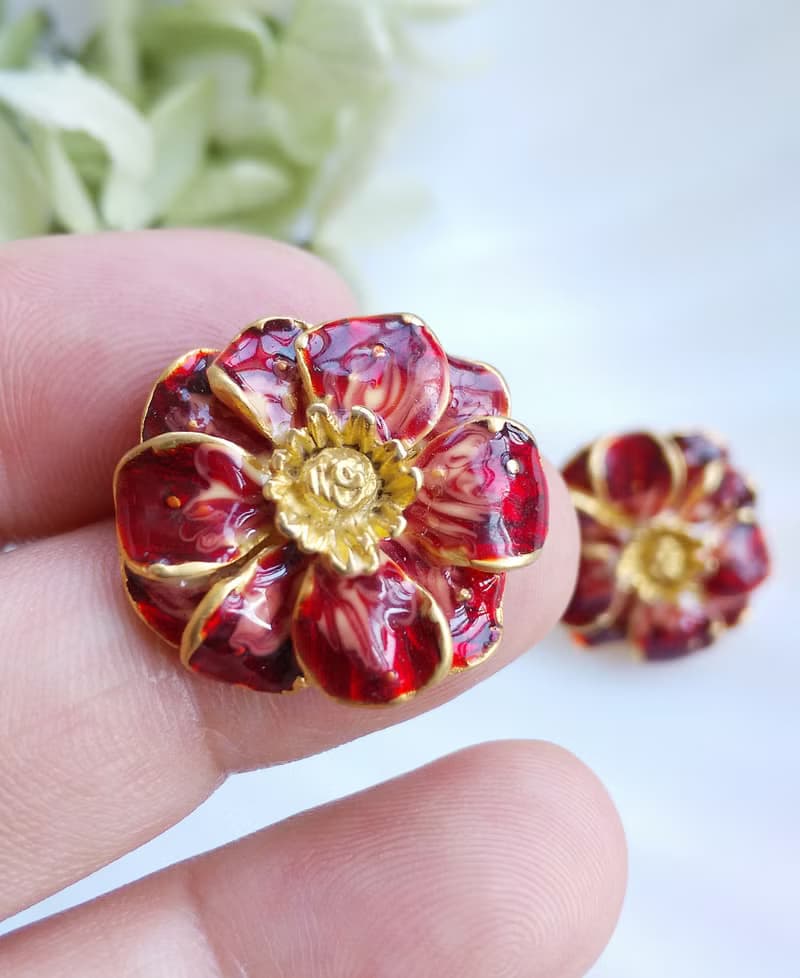 Vintage Jewelry 西洋古董飾品 紅琺瑯 花形 針式耳環