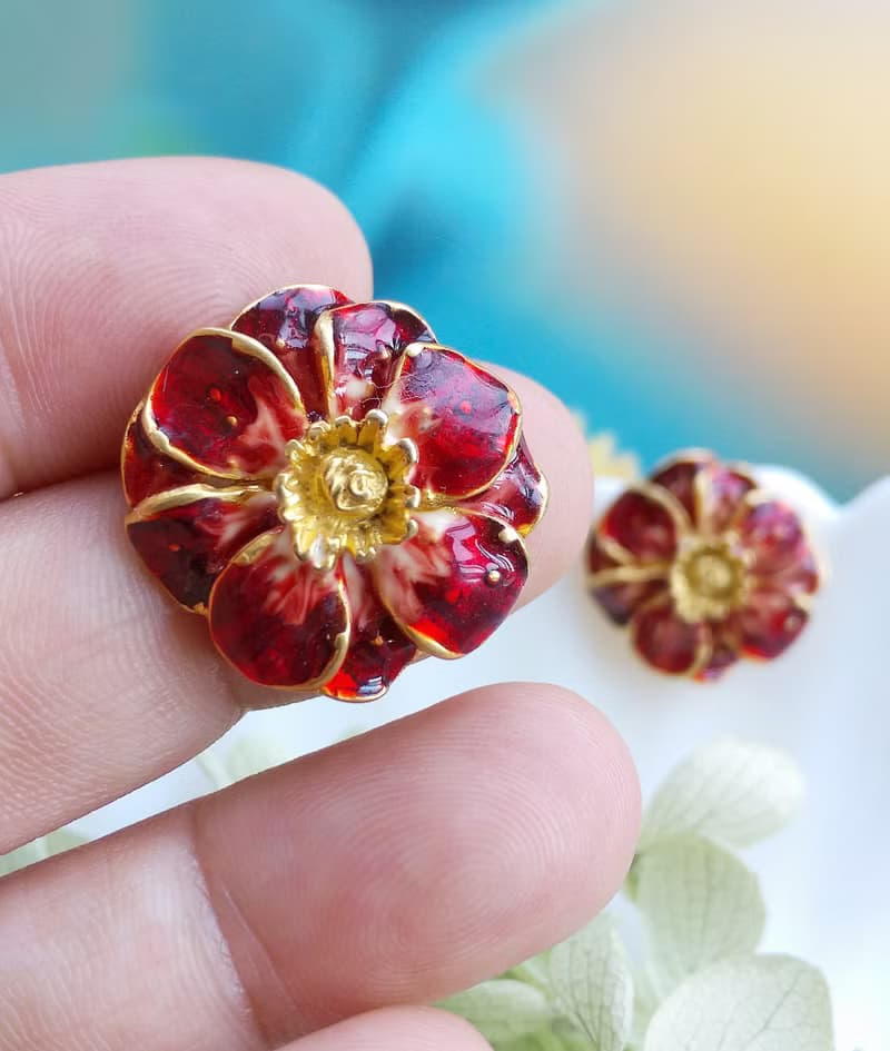 Vintage Jewelry 西洋古董飾品 紅琺瑯 花形 針式耳環
