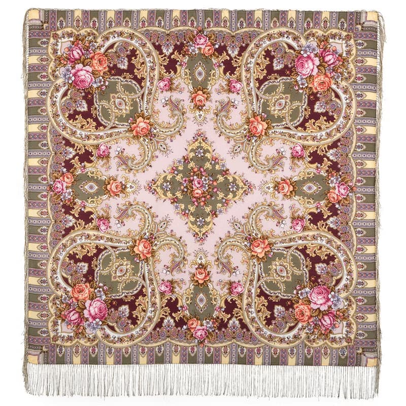 Pavlovo Posad Russian Shawl 100% Wool Scarf 125x125 cm Wrap Silk Fringe 1782-53