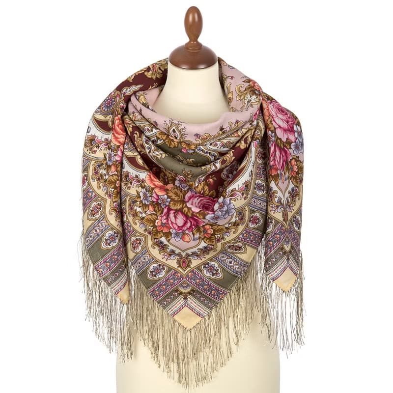 Pavlovo Posad Russian Shawl 100% Wool Scarf 125x125 cm Wrap Silk Fringe 1782-53
